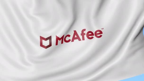 Vlající vlajka s logem Mcafee. Tok dokumentů smyčka 4k redakční animace — Stock video