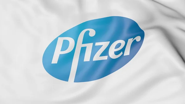 Bandiera sventolante con logo Pfizer. Rendering editoriale 3D — Foto Stock