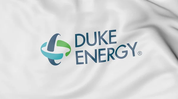 Integetett zászló Duke Energy logóval. Szerkesztői 3d-leképezés — Stock Fotó