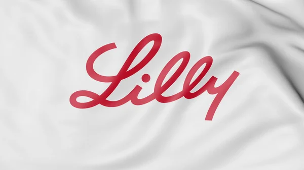 Bandiera sventolante con logo Eli Lilly And Company. Rendering editoriale 3D — Foto Stock