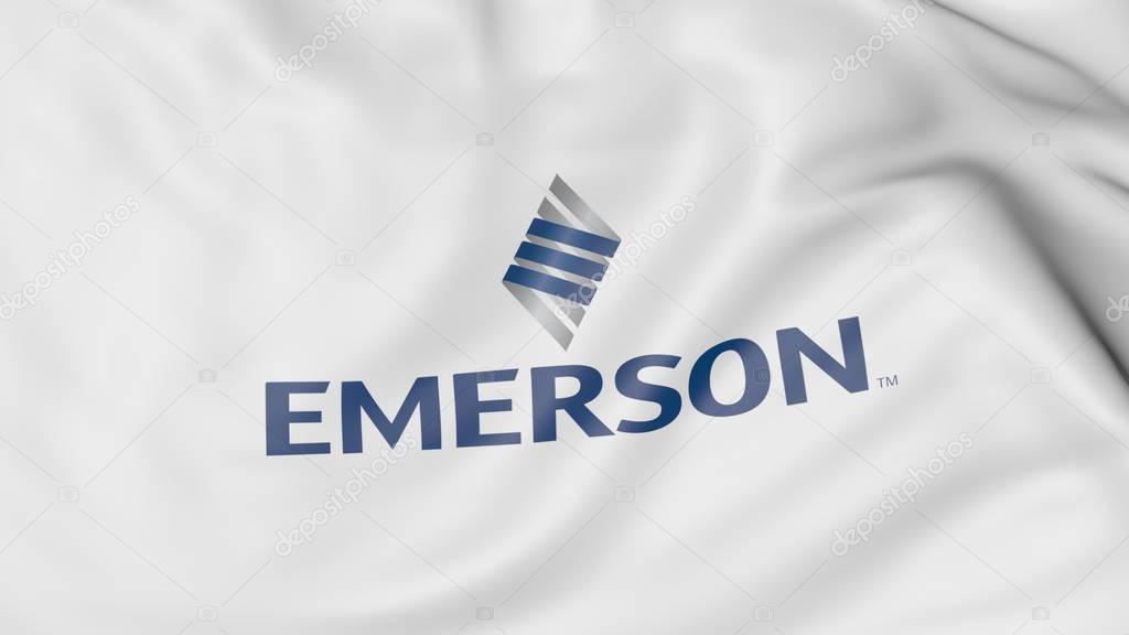 Waving flag with Emerson Electric logo. Editorial 3D