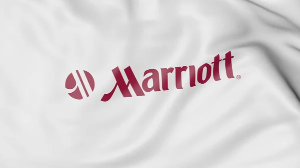 Fluturând steagul cu logo-ul Marriott International. Redarea editorială 3D — Fotografie, imagine de stoc