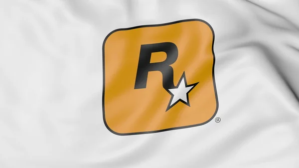 Bandiera sventolante con logo Rockstar Games. Rendering editoriale 3D — Foto Stock