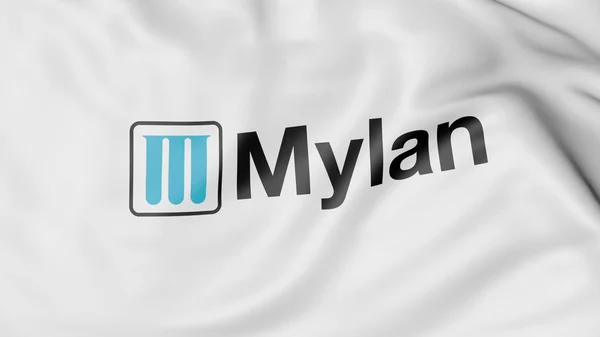 Bandiera sventolante con logo Mylan. Rendering editoriale 3D — Foto Stock