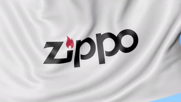 Размахиваю флагом с логотипом Zippo. Seamles loop 4K editionary animation — стоковое видео