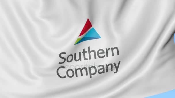 Κυματίζει σημαία με το λογότυπο της εταιρείας Νότιο. Ιδιαίτερα ελαστικό βρόχο 4k σύνταξης κινούμενα σχέδια — Αρχείο Βίντεο