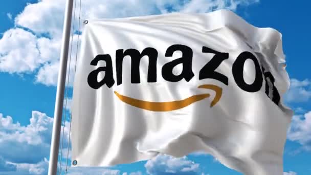 Sventolando bandiera con logo Amazon contro le nuvole in movimento. Animazione editoriale 4K — Video Stock