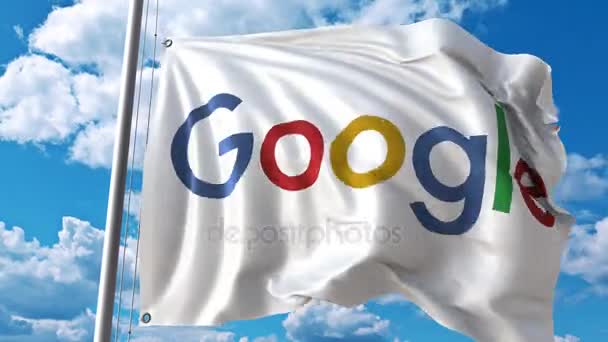 Viftande flagga med Google-logotypen mot rörliga moln. 4 k redaktionella animation — Stockvideo