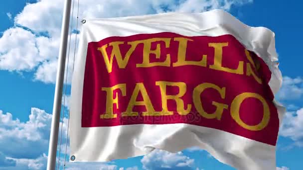 Bandera ondeando con el logotipo de Wells Fargo contra nubes en movimiento. Animación editorial 4K — Vídeo de stock