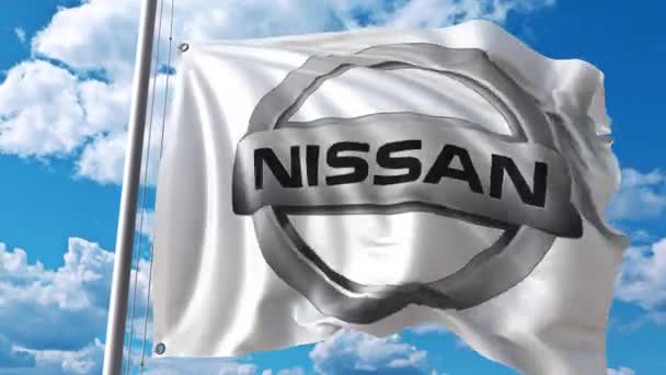 Flagge schwenkend mit Nissan-Logo gegen sich bewegende Wolken. 4k redaktionelle Animation — Stockvideo