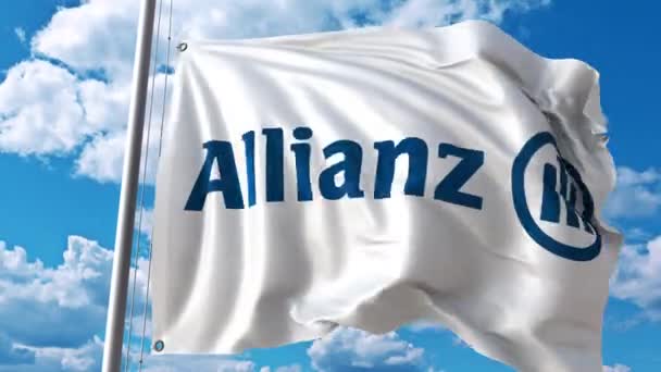 Κουνώντας τη σημαία με το λογότυπο της Allianz εναντίον κινούμενα σύννεφα. 4 k σύνταξης κινούμενα σχέδια — Αρχείο Βίντεο