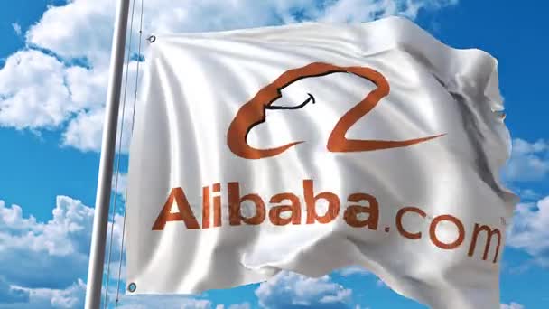 Flagge schwenkend mit Alibaba-Logo gegen sich bewegende Wolken. 4k redaktionelle Animation — Stockvideo