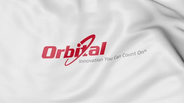 Flagge mit Firmenlogo der Orbitalwissenschaften schwenkend. redaktionelles 3D-Rendering — Stockfoto