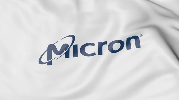 Mikron teknolojisi logolu bayrak sallıyor. Editoryal 3d render — Stok fotoğraf