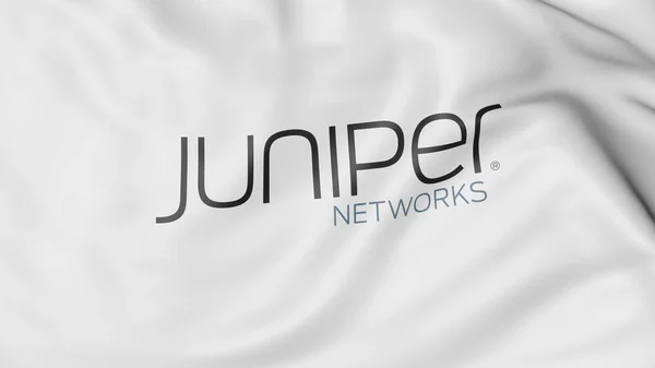 Macha flagą z logo Juniper Networks. Redakcji renderowania 3d — Zdjęcie stockowe