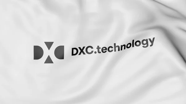 Bandiera sventolante con logo Dxc Technology. Rendering editoriale 3D — Foto Stock