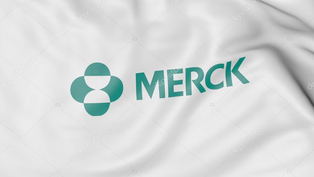 Waving flag with Merck Co logo. Editorial 3D