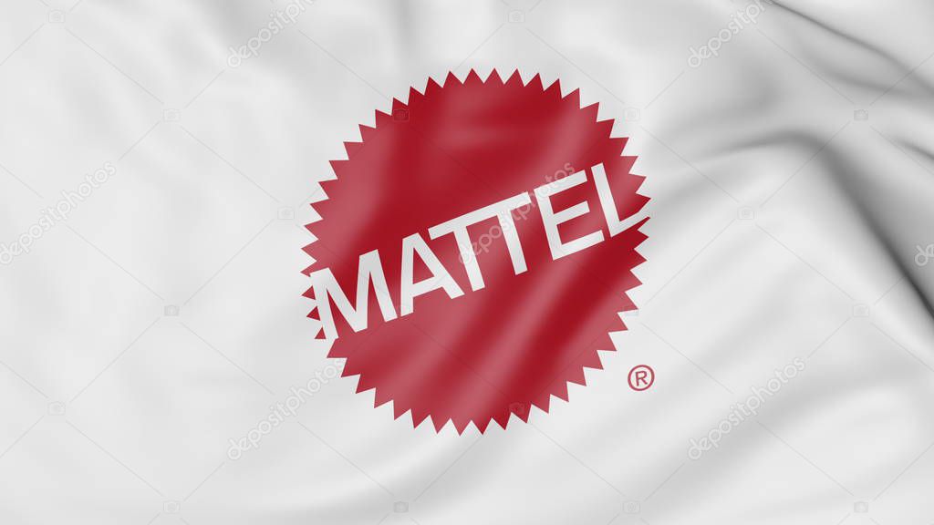 Waving flag with Mattel logo. Editorial 3D