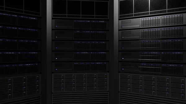 Mehrere Serverschränke mit blinkenden Lampen. isp, Cloud-Technologie, Big Data oder E-Commerce-Konzepte. 3D-Darstellung — Stockfoto
