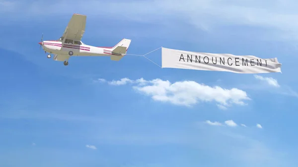 Malé vrtulové letadlo závěsné banner s oznámením titulek na obloze. 3D vykreslování — Stock fotografie