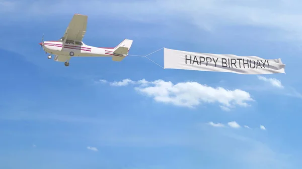 Banner de remolque del avión de la hélice pequeña con el título del CUMPLEAÑO FELIZ en el cielo. Renderizado 3D — Foto de Stock