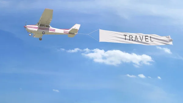 Kleines Propellerflugzeug schleppt Banner mit Reiseunterschrift in den Himmel. 3D-Darstellung — Stockfoto