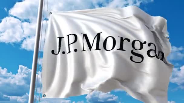 Acenando bandeira com logotipo J.P. Morgan contra nuvens em movimento. Animação editorial 4K — Vídeo de Stock