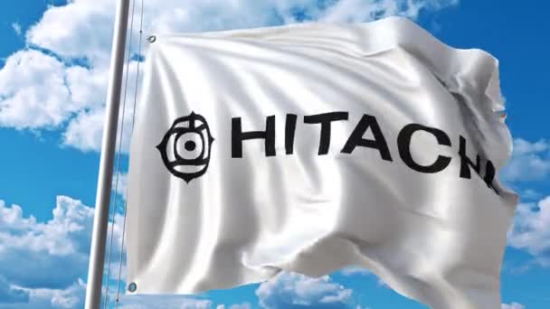 Κυματίζει σημαία με Hitachi λογότυπο κατά τη μετακίνηση σύννεφα. 4 k σύνταξης κινούμενα σχέδια — Αρχείο Βίντεο