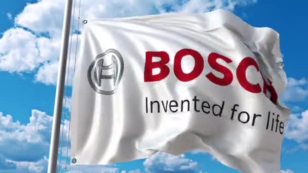 Drapeau agitant le logo Bosch contre les nuages mouvants. Animation éditoriale 4K — Video