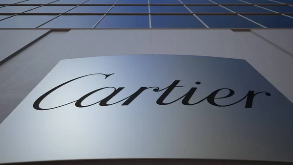 Placa de sinalização ao ar livre com logotipo Cartier. Edifício de escritórios moderno. Renderização 3D editorial — Fotografia de Stock