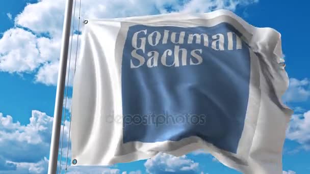 Wapperende vlag met Goldman Sachs logo tegen bewegende wolken. 4 k redactionele animatie — Stockvideo