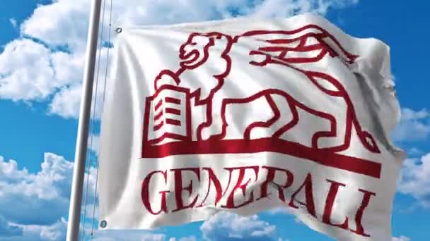 Acenando bandeira com logotipo Generali contra nuvens em movimento. Animação editorial 4K — Vídeo de Stock