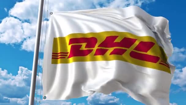 Waving flag with DHL logo against moving clouds. 4K editorial animation — Stock Video