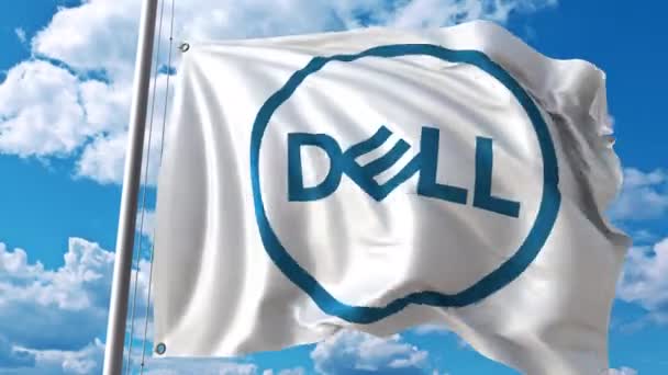Drapeau ondulé avec logo Dell contre les nuages mobiles. Animation éditoriale 4K — Video