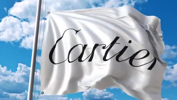 Wapperende vlag met Cartier logo tegen bewegende wolken. 4 k redactionele animatie — Stockvideo