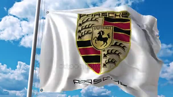 Wapperende vlag met Porsche logo tegen bewegende wolken. 4 k redactionele animatie — Stockvideo