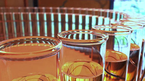 Ring aus Laborglasflaschen mit gelber Flüssigkeit. chemisches oder medizinisches Laborkonzept. 3D-Darstellung — Stockfoto