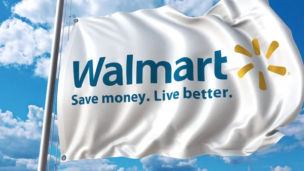 Acenando bandeira com logotipo Walmart contra céu e nuvens. Renderização 3D editorial — Fotografia de Stock