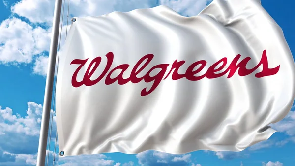 Bandera ondeando con el logotipo de Walgreens contra cielo y nubes. Representación Editorial 3D — Foto de Stock