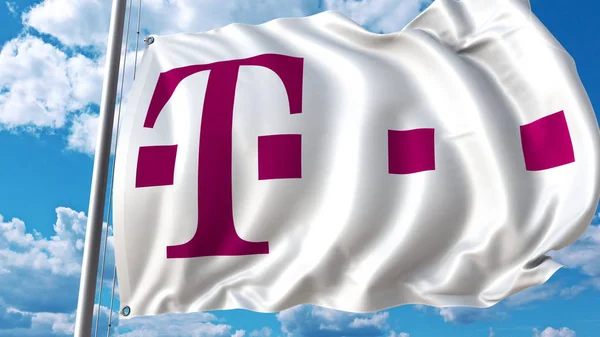 Bandiera sventolante con logo T Telekom contro cielo e nuvole. Rendering editoriale 3D — Foto Stock