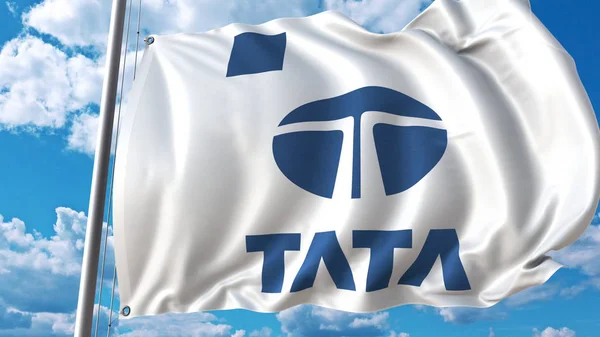 Bandiera sventolante con logo Tata contro cielo e nuvole. Rendering editoriale 3D — Foto Stock