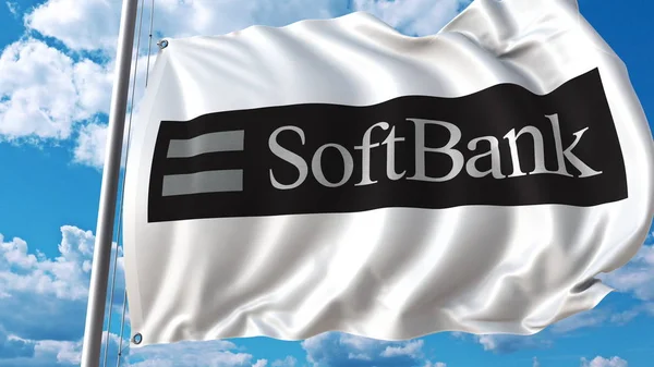 Flagge mit weichem Banklogo gegen Himmel und Wolken schwenken. redaktionelles 3D-Rendering — Stockfoto