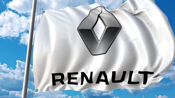 Bandera ondeando con el logotipo de Renault contra cielo y nubes. Representación Editorial 3D — Foto de Stock