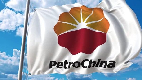 Κυματίζει σημαία με Petrochina logo κατά του ουρανού και τα σύννεφα. Συντακτική 3d rendering — Φωτογραφία Αρχείου