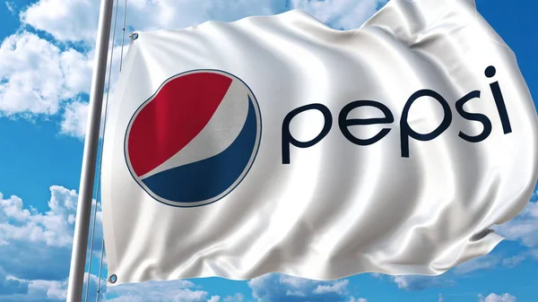 Acenando bandeira com logotipo Pepsi contra céu e nuvens. Renderização 3D editorial — Fotografia de Stock