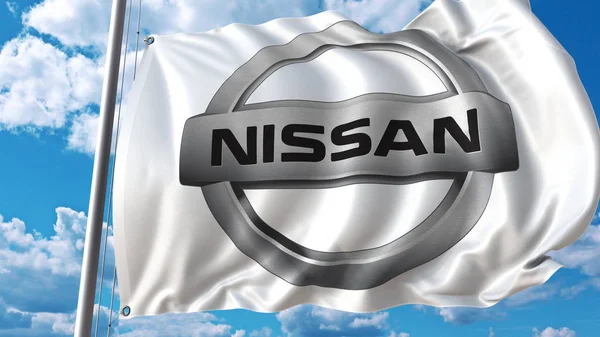 Bandiera sventolante con logo Nissan contro cielo e nuvole. Rendering editoriale 3D — Foto Stock