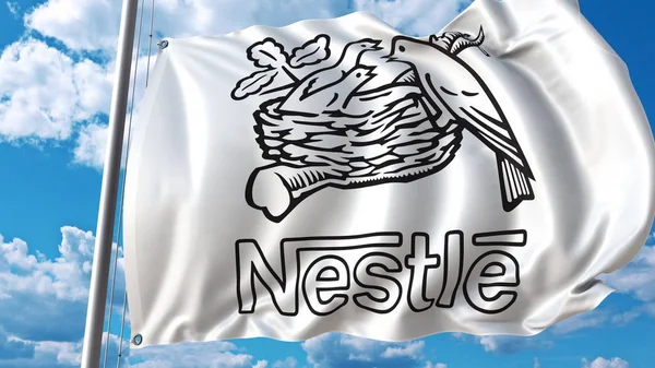 Bandiera sventolante con logo Nestle contro cielo e nuvole. Rendering editoriale 3D — Foto Stock