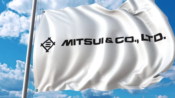 Flagge mit Mitsui-Logo gegen Himmel und Wolken schwenken. redaktionelles 3D-Rendering — Stockfoto