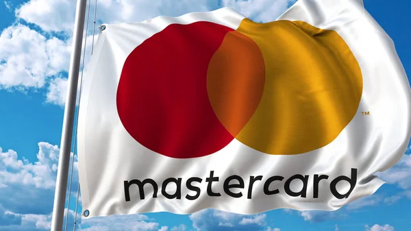 Drapeau avec logo Mastercard sur le ciel et les nuages. Editorial rendu 3D — Photo