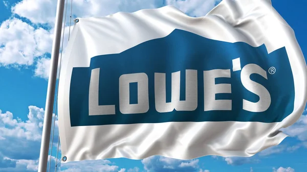 Integetett zászló ellen sky és clouds Lowes logóval. Szerkesztői 3d-leképezés — Stock Fotó